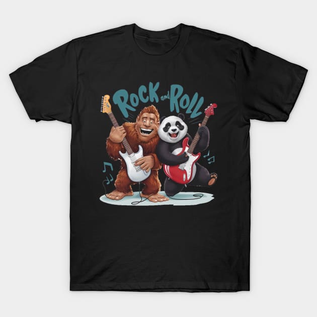 Rock And Roll BigFoot And Panda Jam Session T-Shirt by coollooks